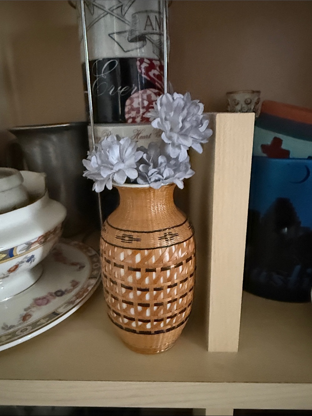 Vintage Miniature Chines Hand- Woven Bamboo  Encased Porcelain Vase Mid Cen